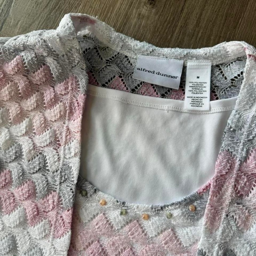 Y2K Alfred Dunner Crochet Twofer Women's Size Medium Pink Gray White Stripe Boho - Picture 2 of 7